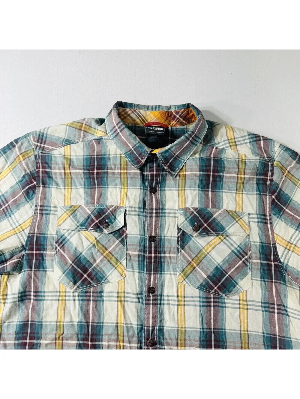 The North Face Button Down Shirt S/S Blue Yellow Plaid Men’s Size Large